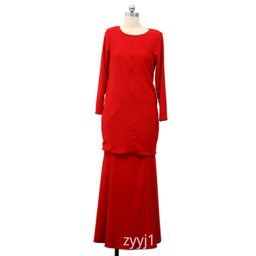 Red Round Neck Muslim Suit Dress Lace Lady